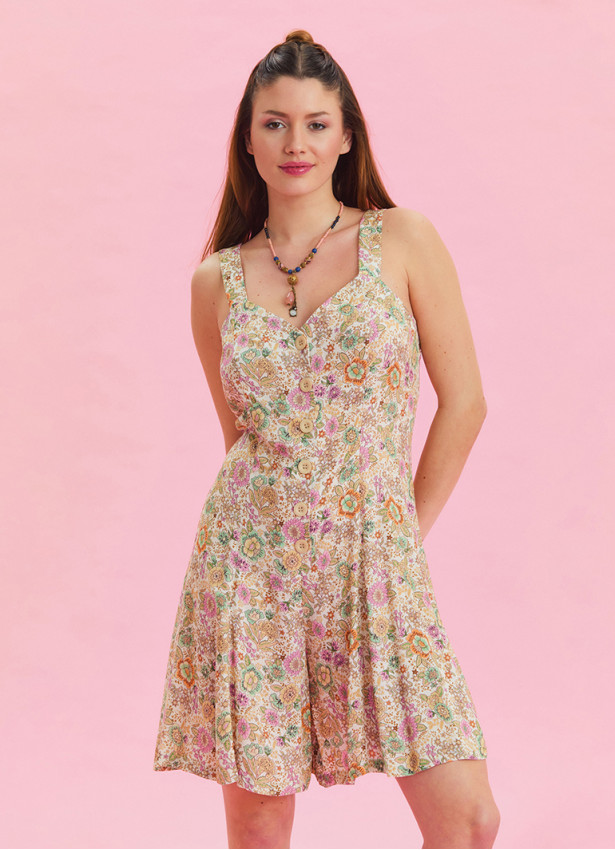 Thin Strap Button Detailed Beige Summer Jumpsuit 4568